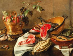Still life with fruit in a copper vessel, fish and game by Frans Ykens Oil Painting