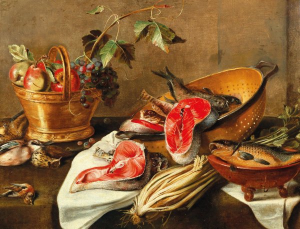 Main Product Photo of Still life with fruit in a copper vessel, fish and game Painting by Frans Ykens