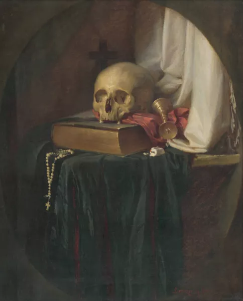 Still life with a skull and a book by Frantisek Belopotocky Oil ...