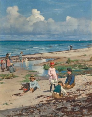 A Summer's Day on Hornbaek Beach by Frants Henningsen Oil Painting