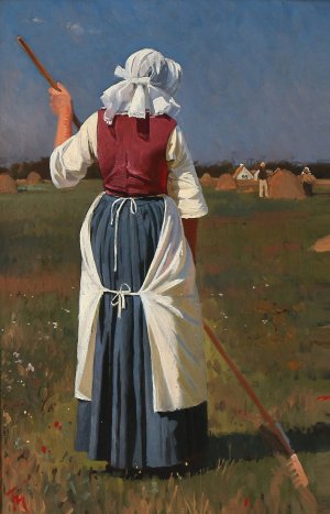 En rygvendt bondekone, der arbejder i solen by Frants Henningsen Oil Painting