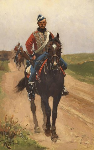 To gardehusarer by Frants Henningsen Oil Painting