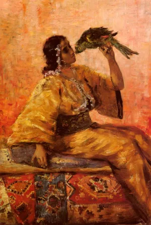 A Moroccan Beauty Holding A Parrot by Frantz Charlet - Oil Painting Reproduction