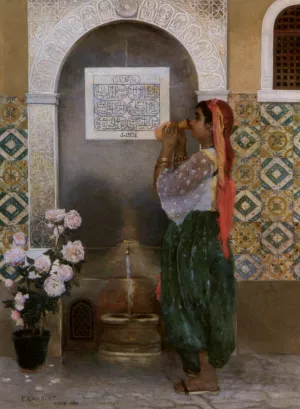Algerian Girl Beside a Fountain by Frantz Charlet - Oil Painting Reproduction