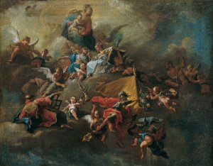 Mary With The Child And Saints, Enthroned On Clouds by Franz Anton Palko Oil Painting