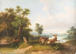 Landscape with fighting stags by Franz Barbarini Oil Painting