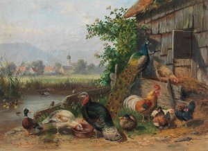 Poultry at the Pond, in the background a Village Oil painting by Franz Bernier