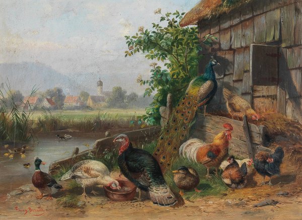 Poultry at the Pond, in the background a Village by Franz Bernier - Hand-Painted Oil Painting Reproduction