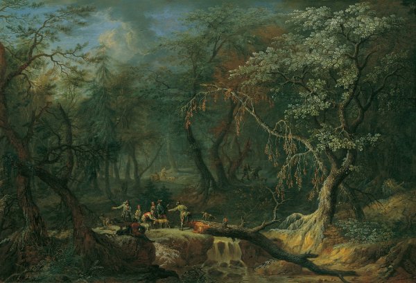 Waldlandschaft mit gesturztem Baum und Jagern by Franz Christoph Janneck - Hand-Painted Oil Painting Reproduction
