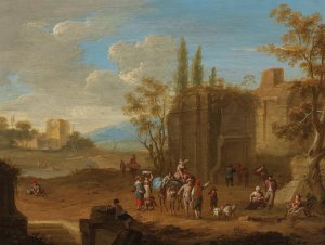A landscape with travellers near Roman ruins by Franz De Paula Ferg Oil Painting