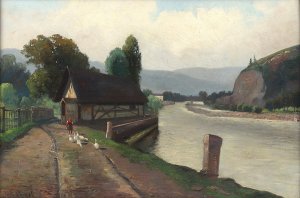 Fluslandschaft mit Ganseliesl by Franz Demel Oil Painting