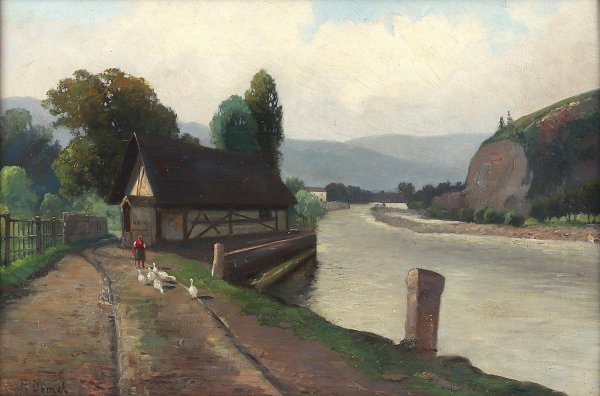Fluslandschaft mit Ganseliesl by Franz Demel - Hand-Painted Oil Painting Reproduction