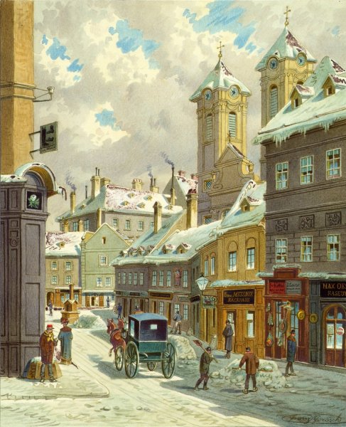 Main Product Photo of Die Neustiftgasse in Wien mit der Ulrichskirche Painting by Franz Gerasch