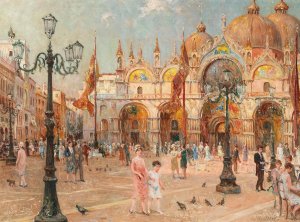 Venice, a Lively Scene on St Mark's Square by Franz Guillery Oil Painting