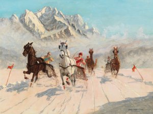 A Trotting Race on the Eibsee with the Zugspitze in the Background by Franz Hienl-Merre Oil Painting