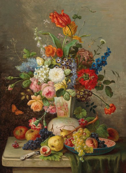 Main Product Photo of Groses Blumenstuck mit Obst auf Steinplatte Painting by Franz Hohenberger
