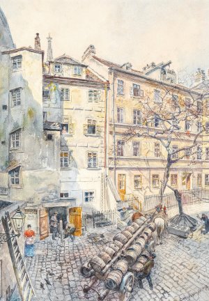 Wiener Hinterhof mit Bierfassern by Franz Hohenberger Oil Painting