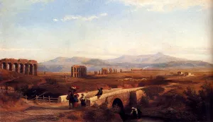 Peasants On A Bridge With Roman Ruins Beyond by Franz Knebel - Oil Painting Reproduction