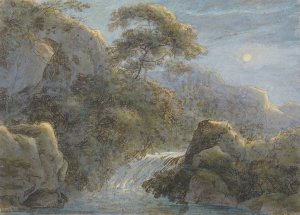 Waterfall in the Mountains by Moonlight by Franz Kobell Oil Painting