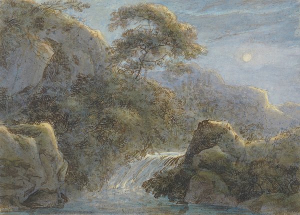 Main Product Photo of Waterfall in the Mountains by Moonlight  Painting by Franz Kobell