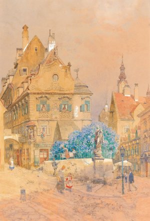 A corner of a street with a lilac bush and the statue of a Madonna by Franz Kopallik Oil Painting