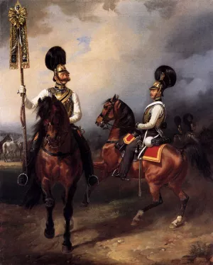 Two Cuirassiers from the Regiment of Czar Nicholas I by Franz Krueger Oil Painting