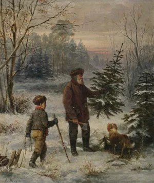 Vorweihnacht. Vater und Sohn schlagen im Winterwald einen Christbaum by Franz Kruger Oil Painting