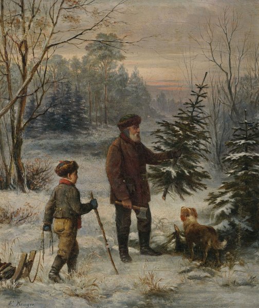 Main Product Photo of Vorweihnacht. Vater und Sohn schlagen im Winterwald einen Christbaum Painting by Franz Kruger