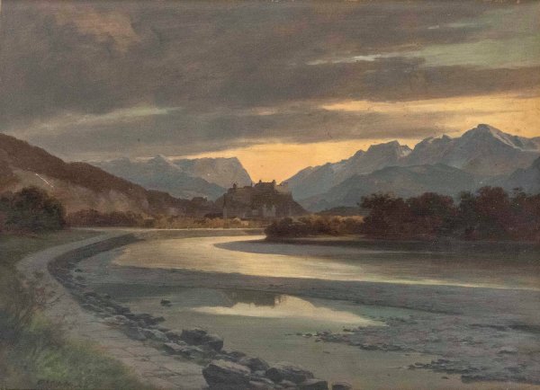 Main Product Photo of Abendstimmung in Salzburg vom Salzachufer bei Bergheim Painting by Franz Kulstrunk