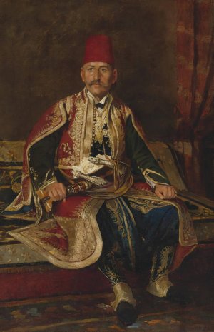 Turkish noble seated in a carpeted interior by Franz Leo Ruben Oil Painting