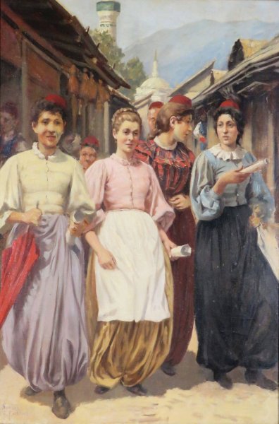 Vier Damen am Basar von Sarajevo by Franz Leo Ruben - Hand-Painted Oil Painting Reproduction
