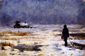 Boy with Sled in a Winter Landscape