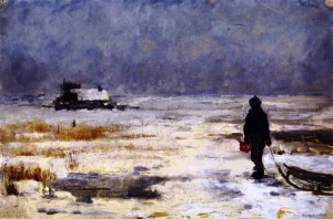 Boy with Sled in a Winter Landscape painting by Franz Marc