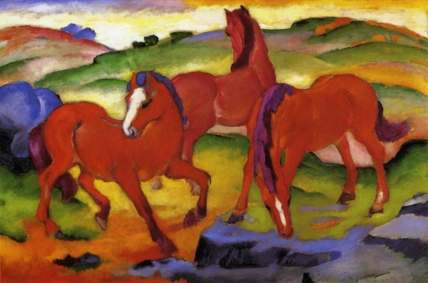 Main Product Photo of Grazing Horses IV also known as The Red Horses Painting by Franz Marc