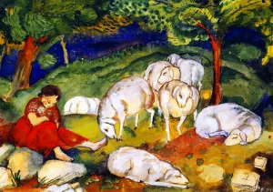 Shepherdess with Sheep by Franz Marc - Oil Painting Reproduction
