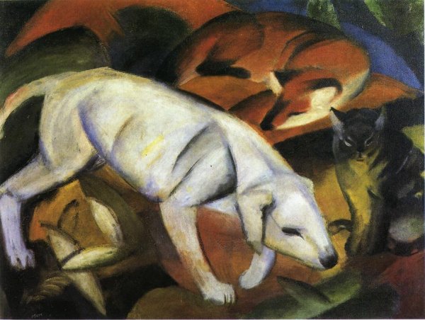 Main Product Photo of Three Animals Dog, Fox and Cat Painting by Franz Marc