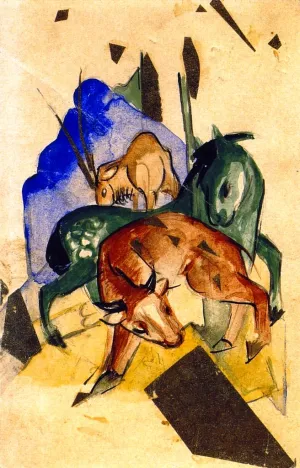 Three Animals on the Blue Mountain Oil painting by Franz Marc