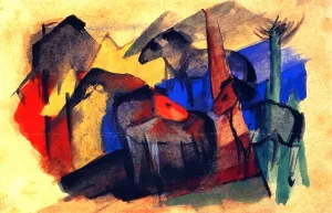 Three Horses in Landscape with Houses by Franz Marc - Oil Painting Reproduction