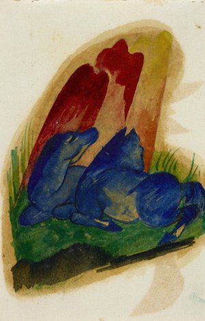 Two Blue Horses in Front of a Red Rock by Franz Marc Oil Painting