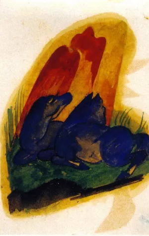 Two Blue Horses in front of a Red Rock Oil painting by Franz Marc