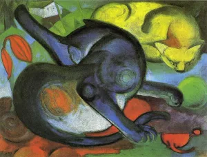 Two Cats, Blue and Yellow Oil painting by Franz Marc