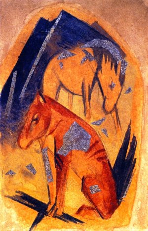Two Horses in front of a Blue Mountain by Franz Marc Oil Painting