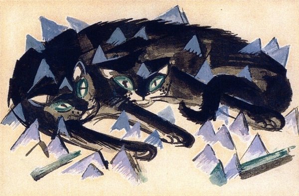 Main Product Photo of Two Reclining Black Cats Painting by Franz Marc