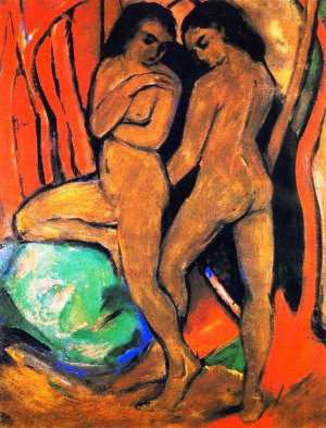 Two Standing Nudes with Green Rock by Franz Marc Oil Painting