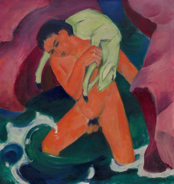 Young Boy with a Lamb; The Good Shepherd  by Franz Marc - Hand-Painted Oil Painting Reproduction