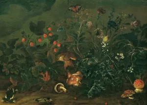 Rasenstuck mit Erdbeeren und Grille by Franz Michael Siegmund Von Purgau The Elder Oil Painting