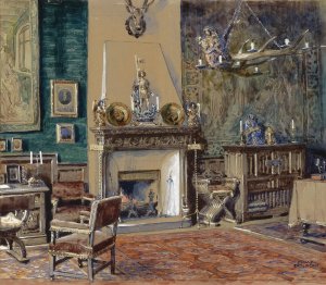 Herrenzimmer mit Kamin by Franz Poledne Oil Painting