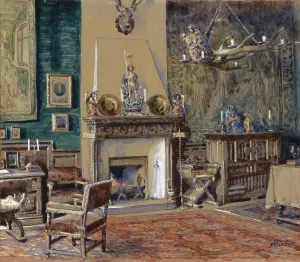 Herrenzimmer mit Kamin by Franz Poledne Oil Painting