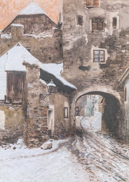 Kremser Tor in Durnstein im Winter by Franz Poledne - Hand-Painted Oil Painting Reproduction