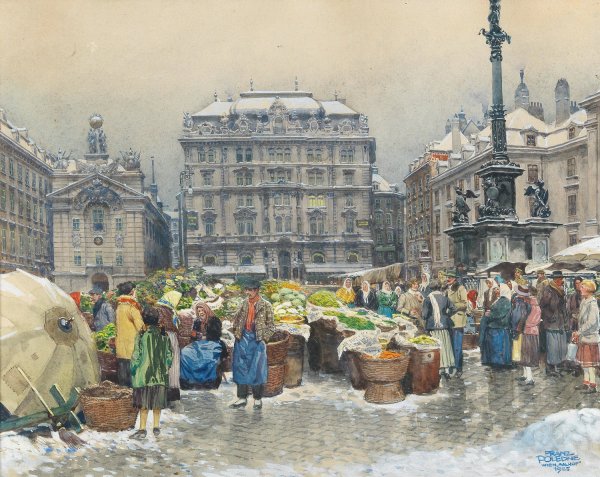 The vegetable market Am Hof by Franz Poledne - Hand-Painted Oil Painting Reproduction
